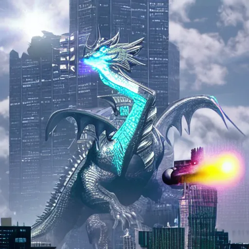 Prompt: a giant silver cyberdragon floats above a cybercity and shoots a laser out of its mouth