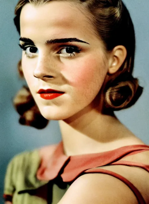 Image similar to Retro color photography 1940s portrait Hollywood headshot of Emma Watson Kodak Gold, 35mm aspherical lens