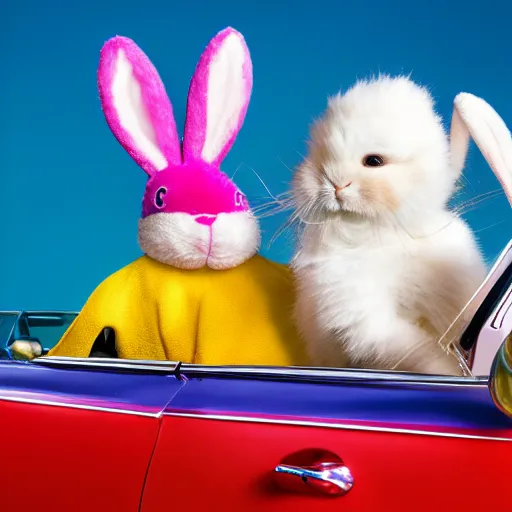 Image similar to easter bunny riding a convertible, studio photo, high quality