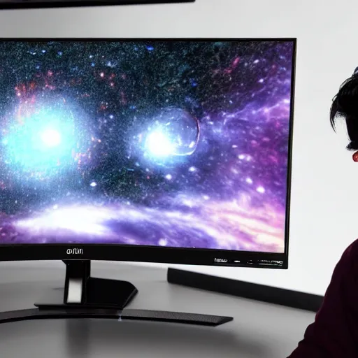 Prompt: a young mage creating a universe in his PC, a male mage in his 20s with black hair sitting in front of wide monitor, a monitor showing the universe creation. hyperrealistic, extremely detailed, award-winning art, trending on Artstation
