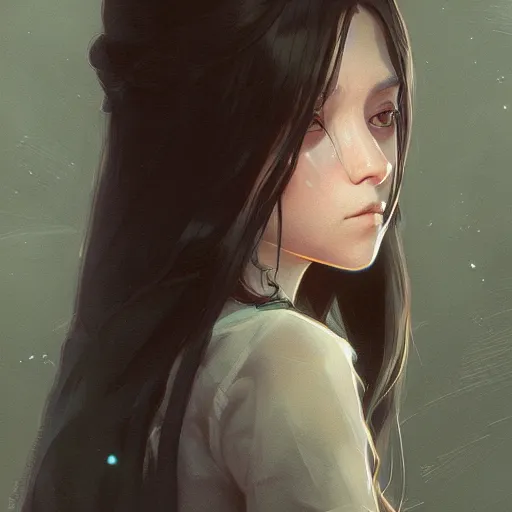 Image similar to a beautiful girl with long dark hair, portrait, sharp focus, intricate, digital painting, artstation, highly detailed, ambient lighting, illustration, art by Studio Ghibli and Greg Rutkowski