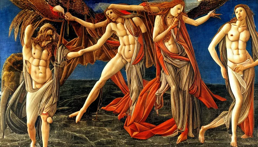 Prompt: satanas by botticelli, oil painting, classical painting, digital art, vivid colors, sharp focus, restored