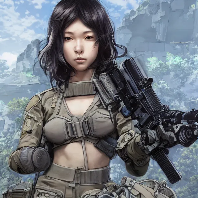 Image similar to the hyperrealistic portrait of lawful neutral female futuristic marine sniper as absurdly beautiful, gorgeous, elegant, young anime gravure idol, an ultrafine hyperdetailed illustration by kim jung gi, irakli nadar, intricate linework, bright colors, octopath traveler, final fantasy, unreal engine 5 highly rendered, global illumination, radiant light, detailed and intricate environment