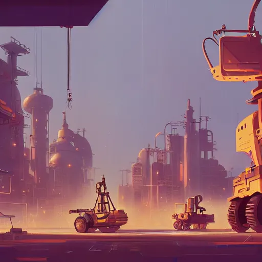 Image similar to sci - fi steampunk construction site with robotic construction vehicles with happy faces, cory loftis, james gilleard, atey ghailan, makoto shinkai, goro fujita, studio ghibli, rim light, exquisite lighting, clear focus, very coherent, plain background