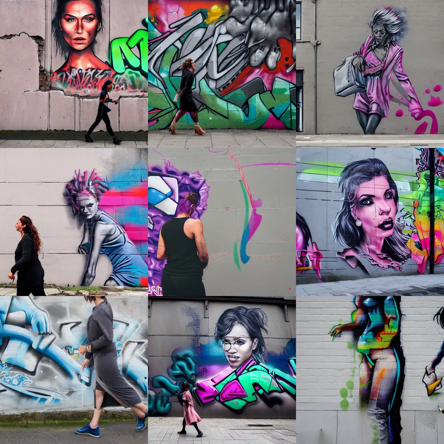 Prompt: a woman walking out of a wall covered in hyperealistic graffiti
