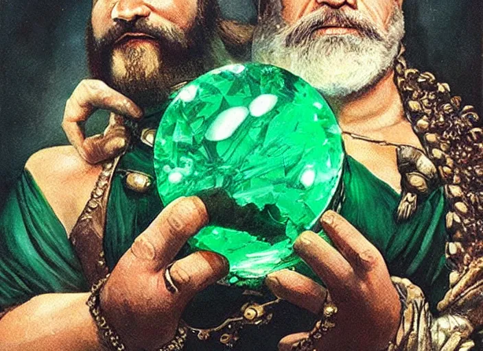 Prompt: a dwarven jeweler holding a gigantic glowing emerald. dramatic lighting. high fantasy art ( 1 9 8 7 )