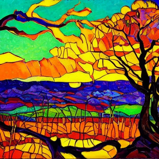 Image similar to a painting of a tree in the sunset, a gouache by Erin Hanson, deviantart, neo-fauvism, fauvism, impressionism, vivid colors