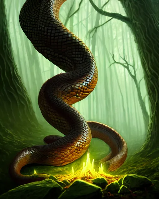 Prompt: Naga snake druid casting spell forest background, D&D, artstation, fantasy, magic the gathering artwork, cinematic lighting, centered, symmetrical, highly detailed, digital painting, , concept art, smooth, sharp focus, illustration, volumetric lighting, epic Composition, 8k, art by Akihiko Yoshida and Greg Rutkowski and Craig Mullins, oil painting, cgsociety