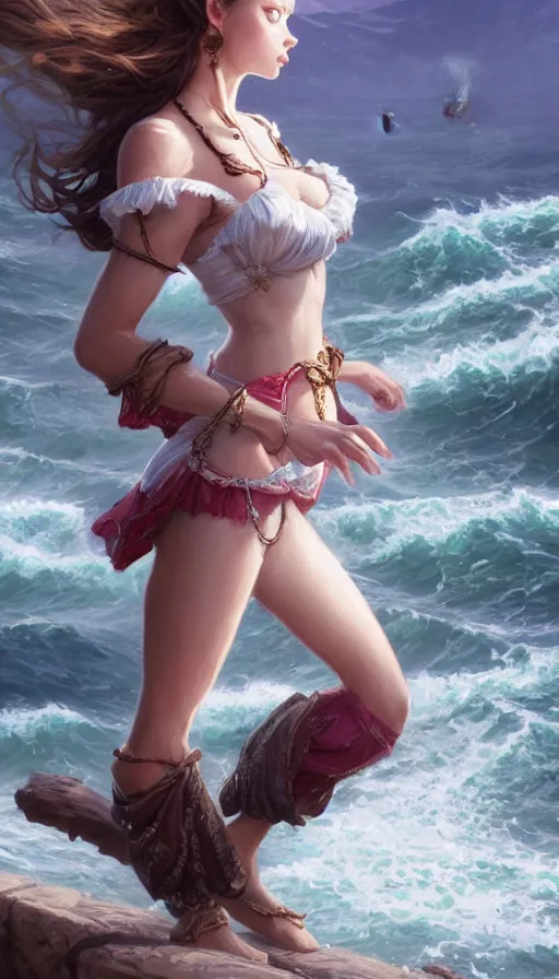 Image similar to elegant corsaire full body portrait, stern look, late xix century commodore vest, wild ocean background, intricate, highly detailed, digital painting, artstation, concept art, sharp focus, illustration, art by Artgerm, Grafit Studio, and Greg Rutkowski, Craig Mullins, Makoto Shinkai, Stanley Artgerm Lau, WLOP, Rossdraws, James Jean, Andrei Riabovitchev, Marc Simonetti, krenz cushart, Sakimichan, D&D trending on ArtStation, digital art - W 640