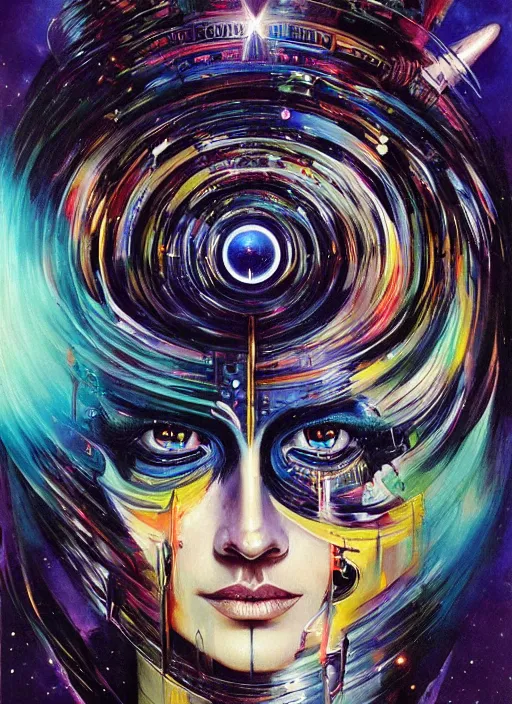 Image similar to enlightened cult psychic woman, symmetrical painted face, third eye, energetic consciousness psychedelic scene, epic surrealism expressionism symbolism, story telling, iconic, dark robed, oil painting, dark myth mythos, by Sandra Chevrier , Bruce Pennington, masterpiece