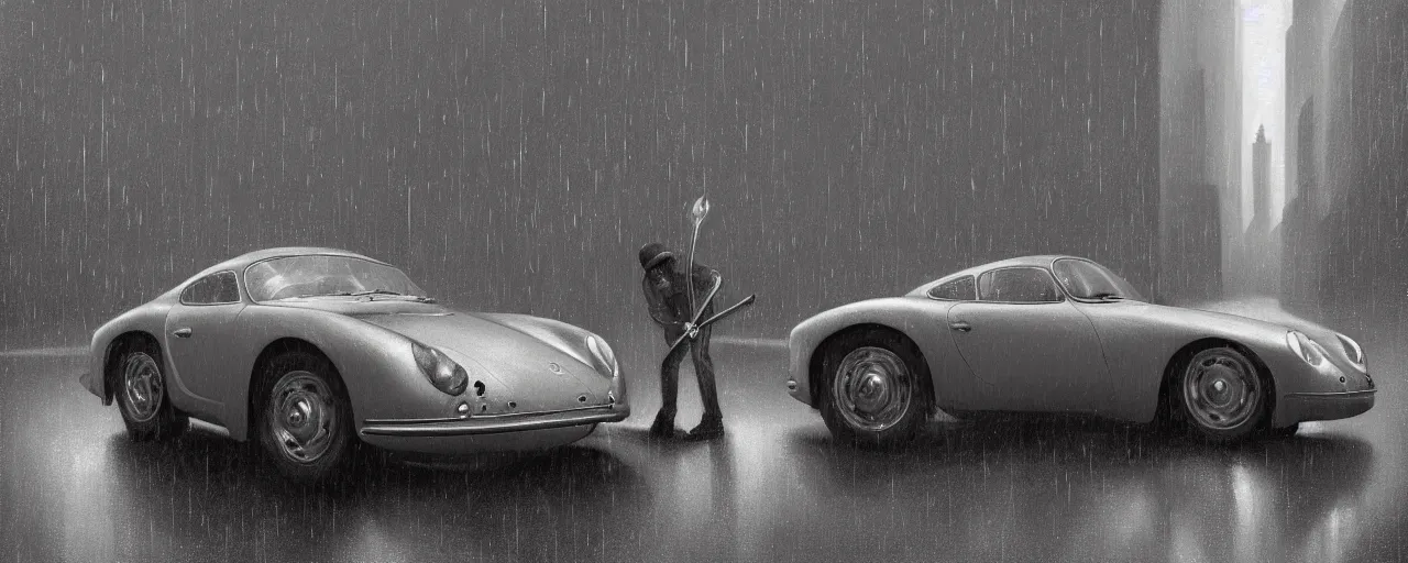 Prompt: Mysterious figure swings a heavy sledgehammer at a silver Porsche 550 with its headlights on, parked on the side of the road in the city of Cologne in the rain, by George Tooker, moody, ominous, lighting, hyper-realistic.