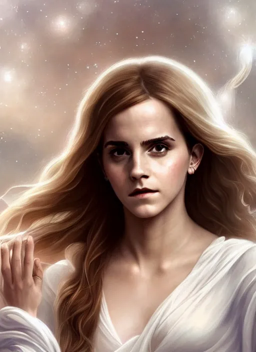 Image similar to emma watson as magic healer celestial, long hair, white and transparent cloth, space, D&D, shiny background, intricate, elegant, highly detailed, digital painting, artstation, concept art, smooth, sharp focus, illustration, artgerm, bouguereau