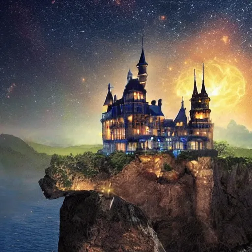 Image similar to a magnificent castle in the night sky above ocean, sense of awe, breathtaking, extremely detailed, concept art