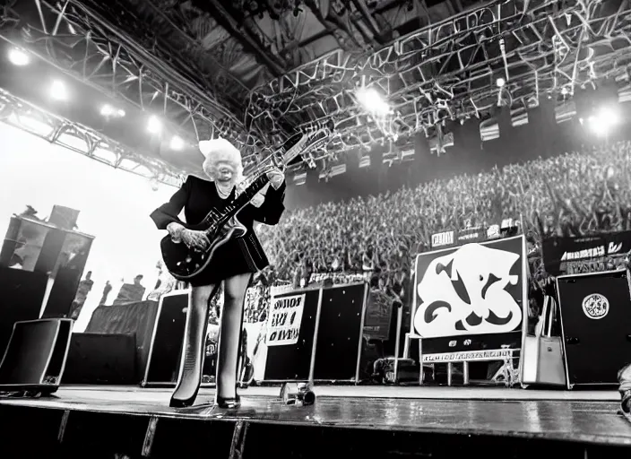 Image similar to photo still of queen elizabeth on stage at vans warped tour!!!!!!!! at age 7 0 years old 7 0 years of age!!!!!!! shredding a guitar on stage, 8 k, 8 5 mm f 1. 8, studio lighting, rim light, right side key light