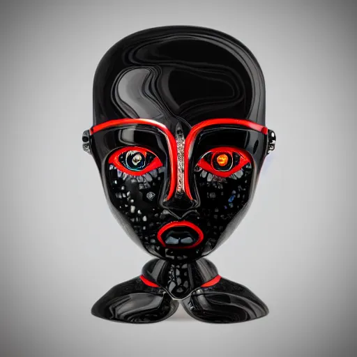 Image similar to cyborg made of black porcelain and black onyx, with blue robotic eyes, in the golden shell with red rose pattern, in Beeple style