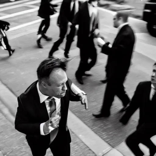 Prompt: Alex jones being chased by men in suits, scared, anxiety, paranoia, photo, 35mm, black and white
