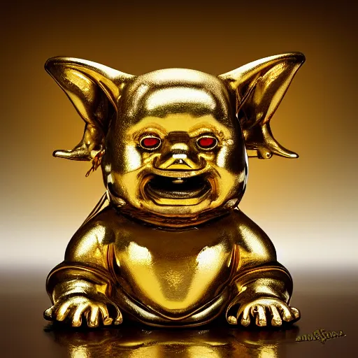 Image similar to a happy cute chubby Lucky Golden Goblin statue,chubby lucky god, bright art masterpiece artstation. hyper details, golden smooth material, sculpted by Alex Alice, Craig Mullins, yoji shinkawa, trending on artstation, beautifully lit, Peter mohrbacher, hyper detailed, insane details, intricate, elite, elegant, luxury, glittering light, CGsociety, hypermaximalist, golden ratio, treasure background, volumetric, octane render, weta digital, micro details, 3d sculpture