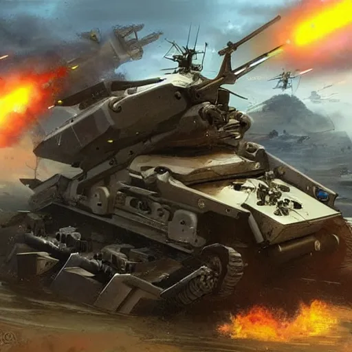 Prompt: marine unit with .50 cal machine gun mows down an army of robot scorpions, battlefield, explosions, detailed concept art