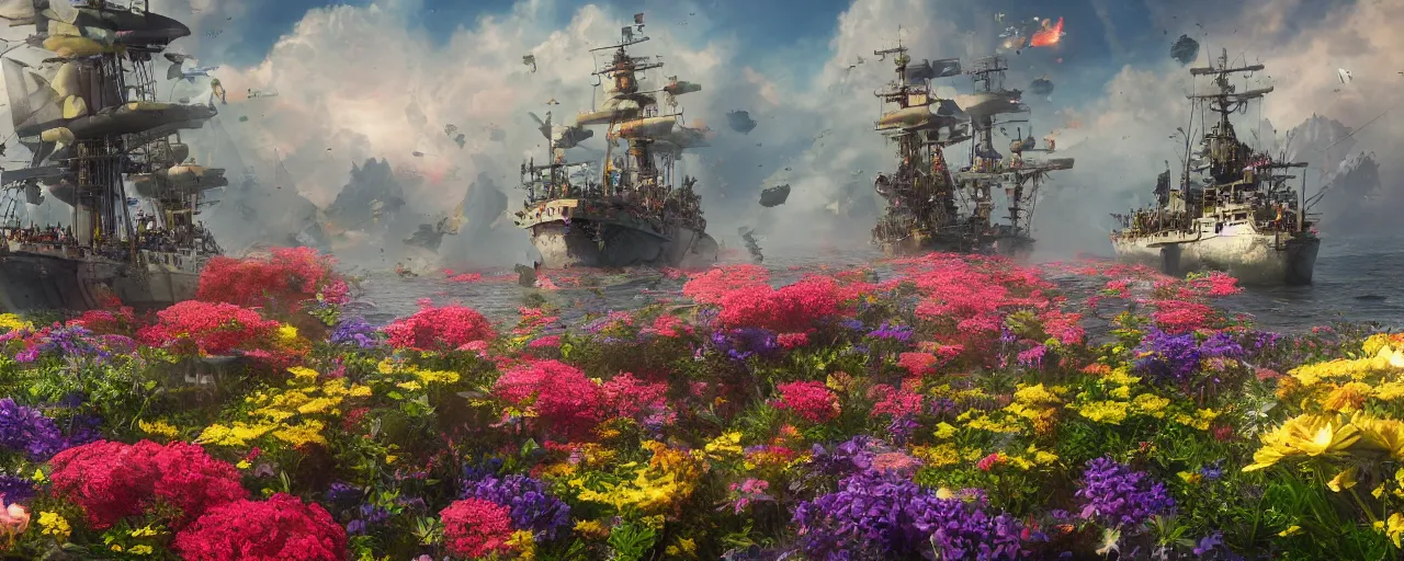 Image similar to a fantasy battle ship fly upon a sea of flowers, wide apertture, colorful, trending on artstation, 8 k resolution, ultra detailed, hyperrealism, unreal engine render