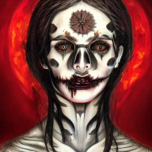 Prompt: A very detailed horrifying portrait painting of the princess of darkness, patterned skin, occult, 8k, trending on artstation cgsociety, masterpiece, in the style of DiscoDiffusion.