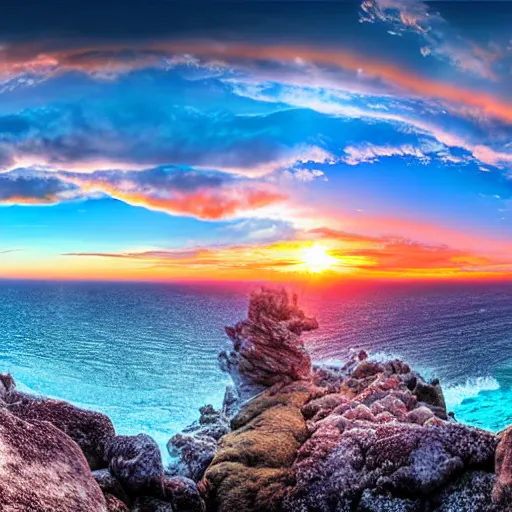 Prompt: Panoramic sunset from a rocky cliff above the ocean with huge curly cotton candy clouds digital art