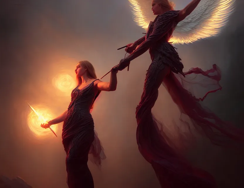 Image similar to the avenging angel descended and all shadows fled, a beautiful digital painting by wlop, volumetric light, intricate details, ultrarealistic, by art germ, by gerald brom, fantasypunk, deep colors, amazing d & d art, trending cgsociety, artstation, sharp, amazing wallpaper