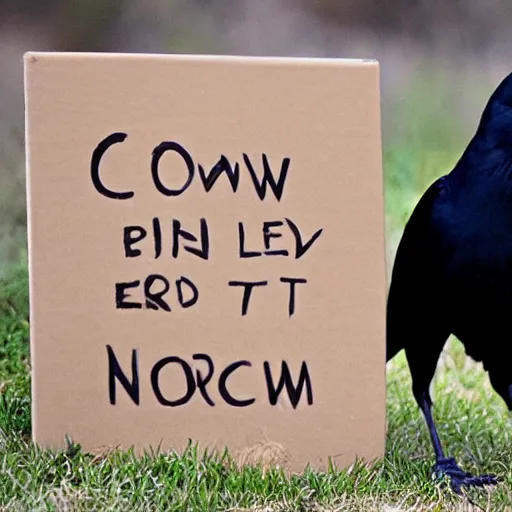 Image similar to a photo of a crow begging for peanuts with a handwritten cardboard sign.