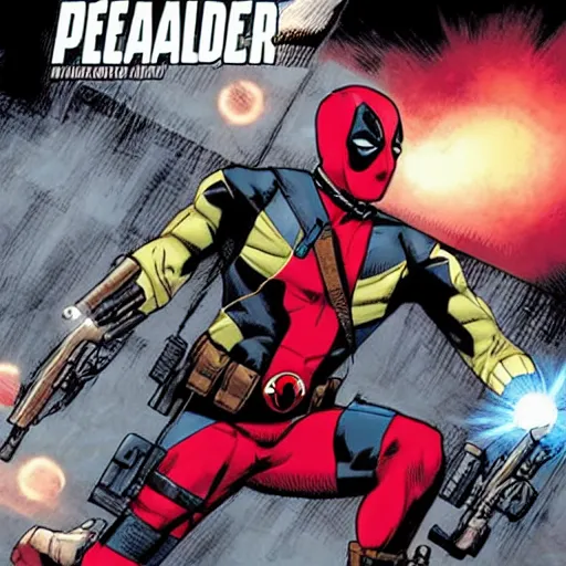 Image similar to Peacemaker battling Deadpool, Marvel, DC, comic book panels, superhero,