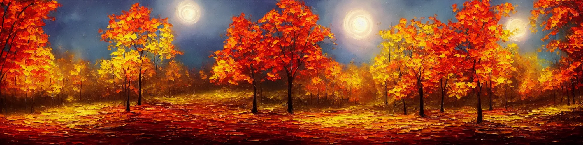 Image similar to painting of autumn landscape during night, award winning painting, beautiful, breathtaking, stunning scenery, trending on artstation, masterpiece