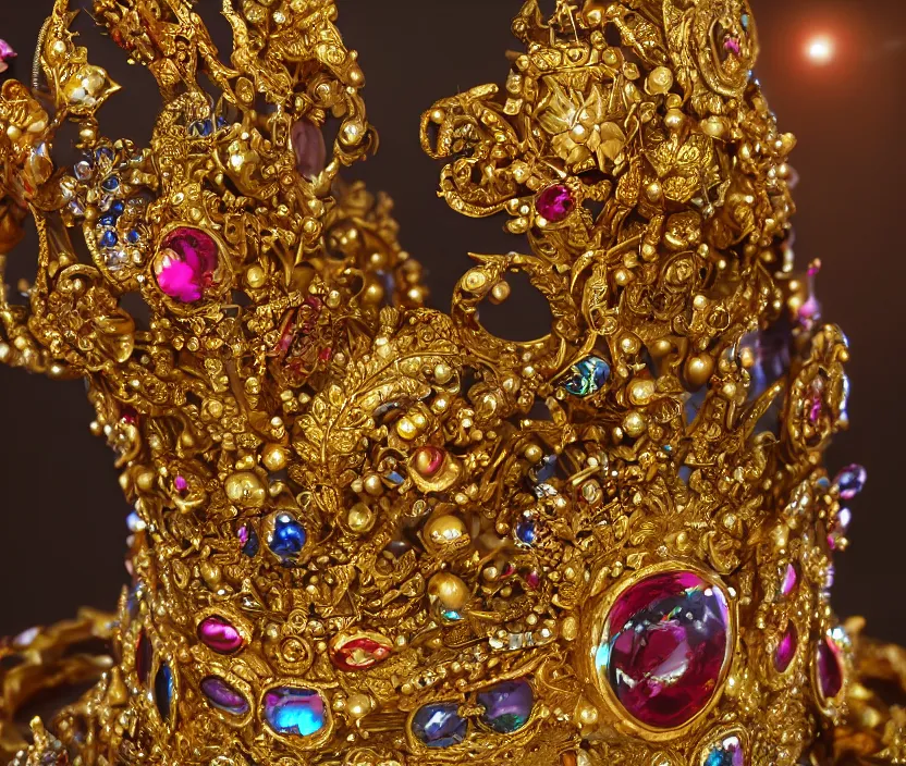 Image similar to Still life photo studio, golden crown adorned with multicolored gems, hyperdetailed, unreal engine, 8k