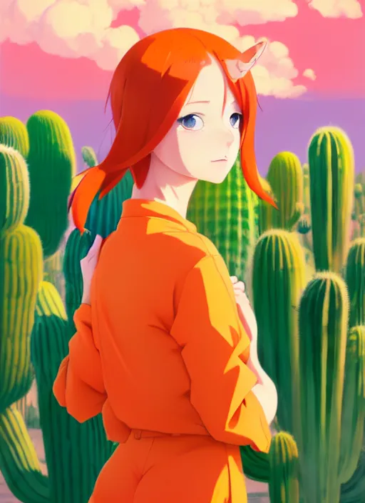 Prompt: portrait of cute redhead girl in orange jumpsuit with fox ears by ilya kuvshinov, holding a cactus, cloudy sky background lush landscape illustration concept art anime key visual trending pixiv fanbox by wlop and greg rutkowski and makoto shinkai and studio ghibli