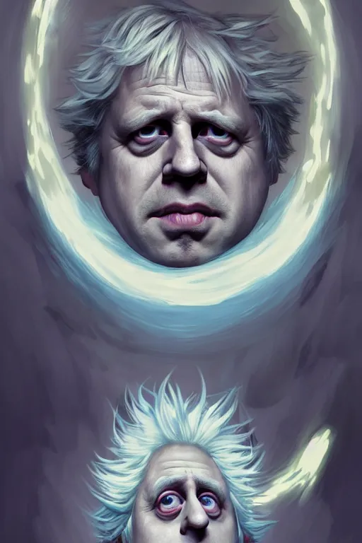 Image similar to Boris Johnson as Rick Sanchez, one eyebrow, white robe, big eyes, 2d portrait, symmetrical, highly detailed, digital painting, artstation, concept art, smooth, sharp focus, illustration, cinematic lighting, art by artgerm and greg rutkowski and alphonse mucha