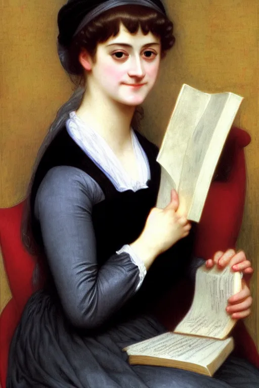 Prompt: jane austen with books, painting by rossetti bouguereau, detailed art, artstation