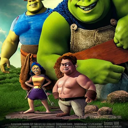 Image similar to muscular shrek beating avenger movie poster