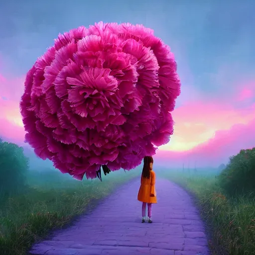 Image similar to giant carnation flower head, girl in a suit, on a path, surreal photography, sunrise, dramatic light, impressionist painting, digital painting, artstation, simon stalenhag