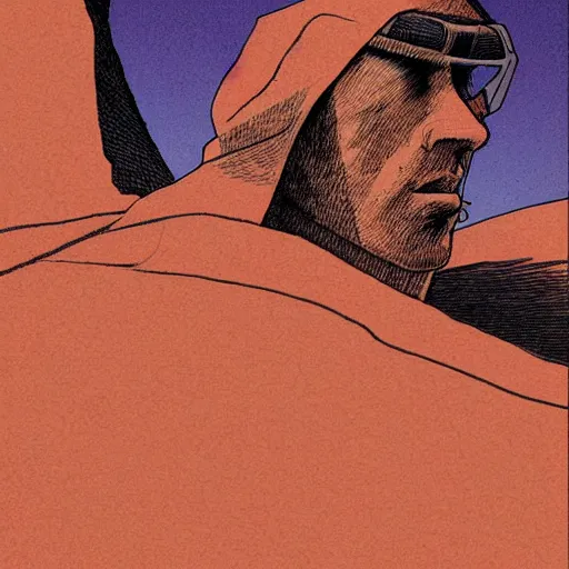 Image similar to close up side profile of a hooded man looking across a desert with a bulky high tech cyberpunk visor illustration by moebius