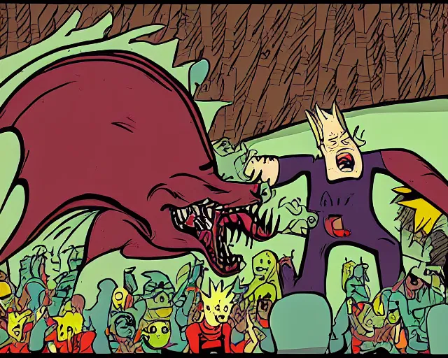 Prompt: cartoon frame of beavis and butthead kaiju fight by mike judge