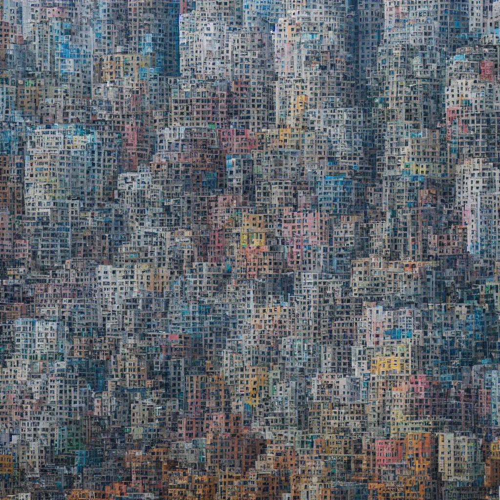 Prompt: a circular tower, made up of colourful makeshift squatter shacks in city downtown, dystopia, sony a 7 r 3, f 1 1, fully frontal view, ultra detailed, photographed by hiroshi sugimoto and,