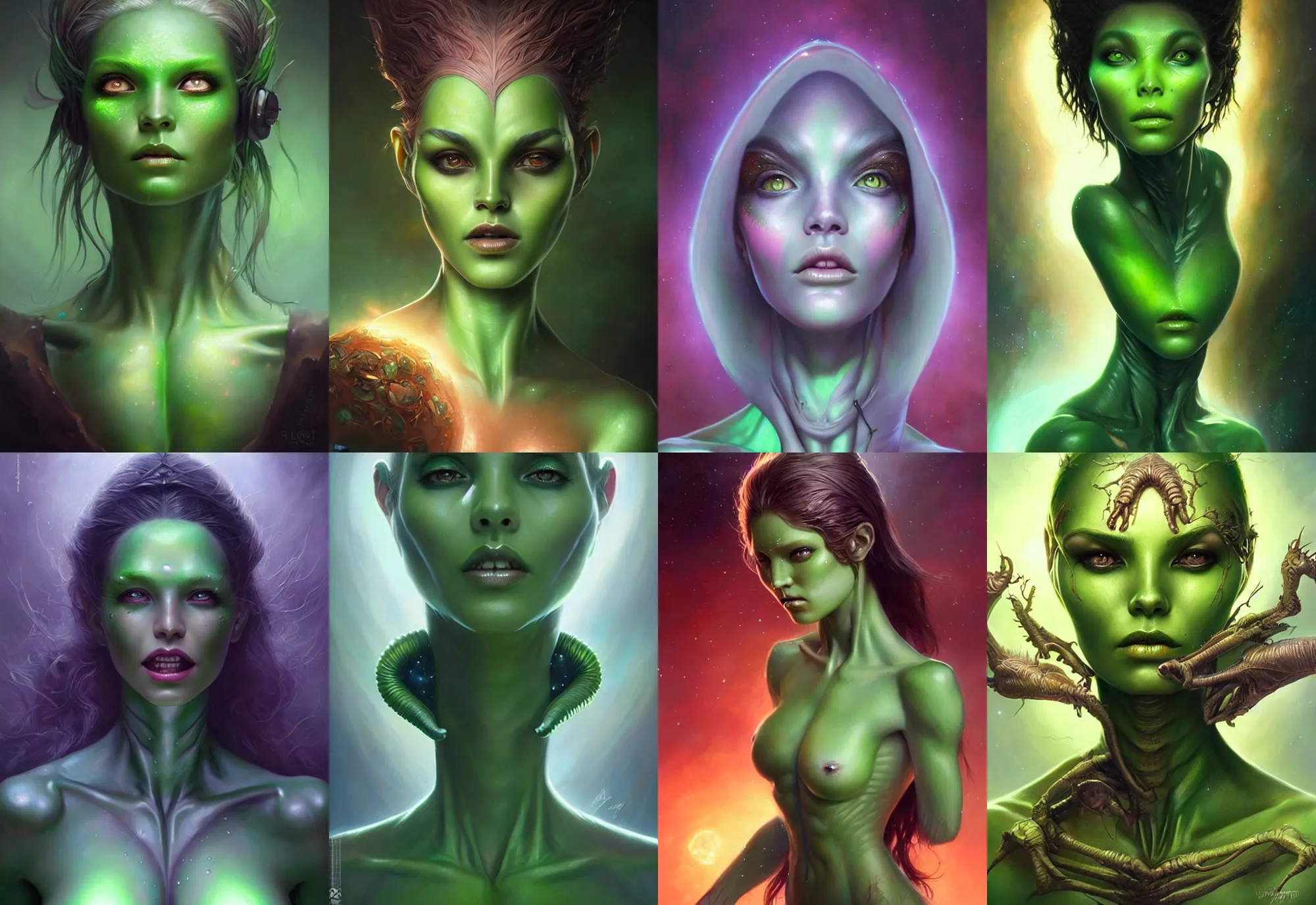 Prompt: a beautiful alien woman with green skin, painted by artgerm and tom bagshaw, fantasy art, dramatic lighting, highly detailed oil painting