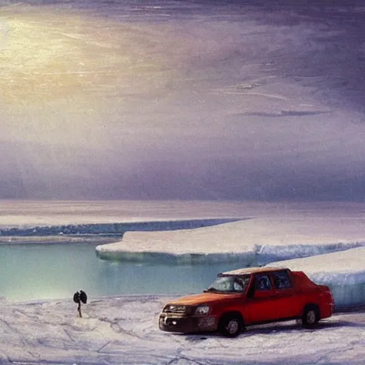 Image similar to car drifting on ice in the north pole. icebergs. toyota commercial. style of turner paintings