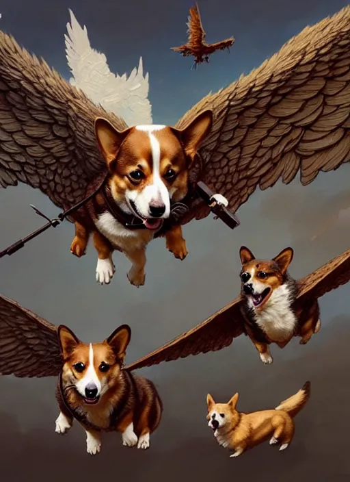 Prompt: masterpiece concept art, three corgis with wings, by greg rutkowski and geof darrow, 8 k, intricate detail, cinematic lighting