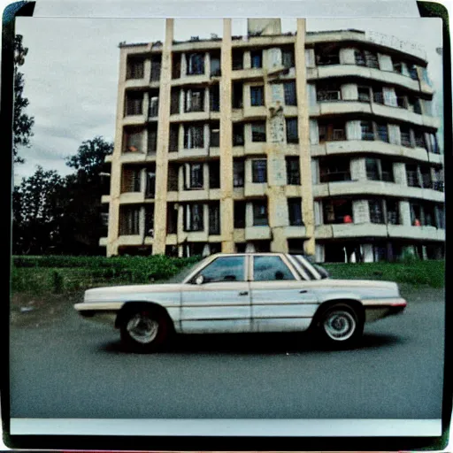 Image similar to low angle shot of russian car in soviet yard with block of flats, low grain film,polaroid, masterpiece, f 1.6, bokeh, mid day in style of william egglestone