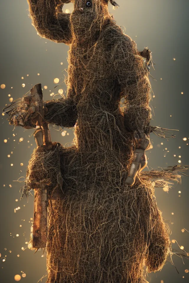 Image similar to beautiful octane render portrait of a big wooden scarecrow, floating particles, sparks, made of wood holding a very shiny metallic aluminium rustic axe, bokeh, soft focus, f 1. 8, unreal engine, particles, raytracing