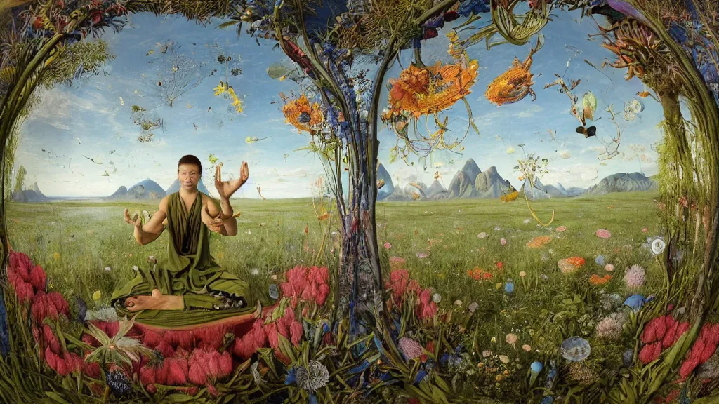 Prompt: a fish eye lense photograph of a meditating druid shaman surrounded by towering bulbous flowers. wide landscape with mountains, river delta. clear blue sky with stars and birds. painted by jan van eyck, max ernst, ernst haeckel and ernst fuchs. trending on artstation, 8 k, award winning, fashion editorial, mythology, photorealistic, cacti everywhere
