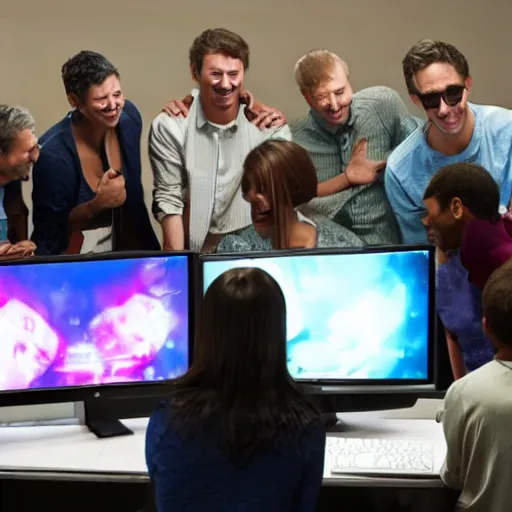 Prompt: a bunch of people around a computer looking at a chat with images