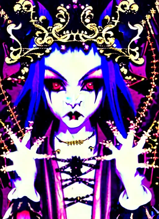 Image similar to baroque bedazzled gothic royalty frames surrounding a pixelsort emo demonic horrorcore japanese beautiful jester visual kei doll, low quality sharpened graphics, remastered chromatic aberration