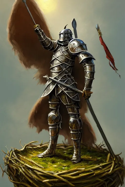 Prompt: classic oil painting, a medieval fantasy knight standing on a big empty bird nest, as a dnd character, cottagecore, highly detailed, digital illustration, concept art, smooth, sharp focus, art by tom jung