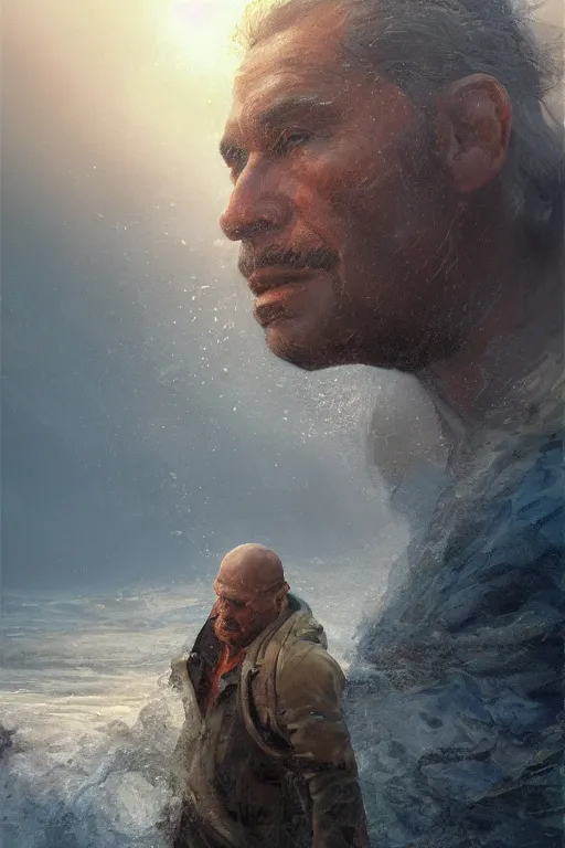 Image similar to Atlantis fisherman, close-up portrait, poor, intricate, elegant, volumetric lighting, scenery, digital painting, highly detailed, artstation, sharp focus, illustration, concept art,ruan jia, steve mccurry