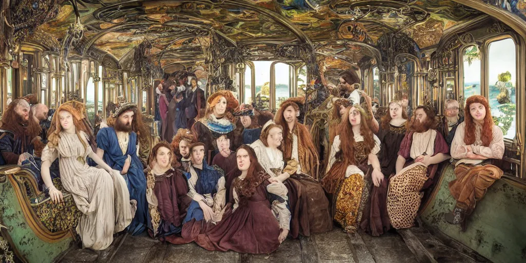 Image similar to incredibly beautiful breathtakingly detailed colour preraphaelite photograph group portrait of a amazingly cool odd characterful people sat down, in the inside of the beautiful underwater train to atlantis, every face amazingly detailed lifelike expressions, full of crowd of people sat down wearing unusual clothes, ultra wide angle, 4 k