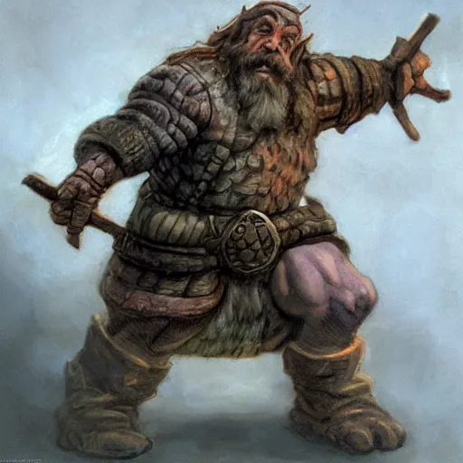 Image similar to “dnd dwarf, carrying big sack, by paul bonner”